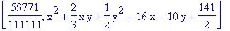 [59771/111111, x^2+2/3*x*y+1/2*y^2-16*x-10*y+141/2]